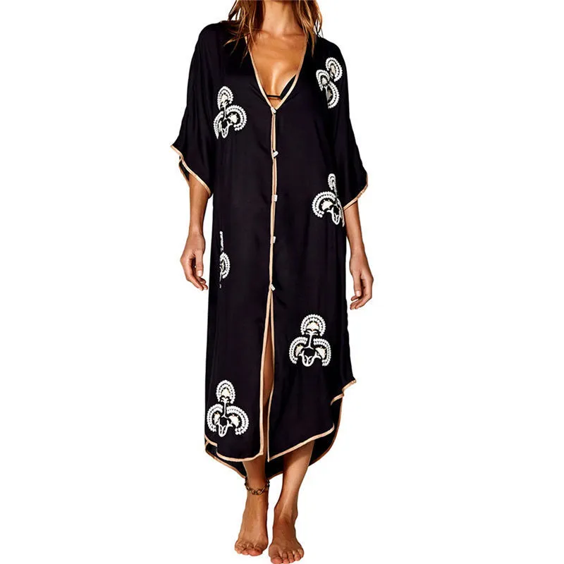 2020 Bikini Cover Ups Sexy Emboridered Button Front Open Cotton Summer