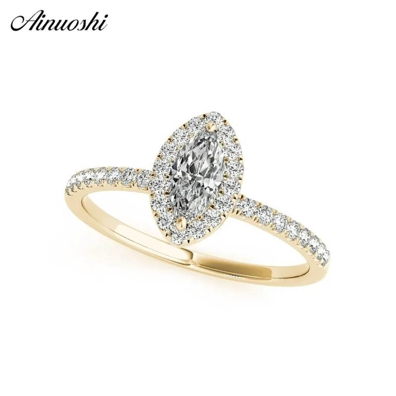 Ainuoshi Classic 925 Silver Yellow Gold Color Marquise Cut Halo Rings Women Wedding Lainting Silver Rings Princess Party Gifts Y200106