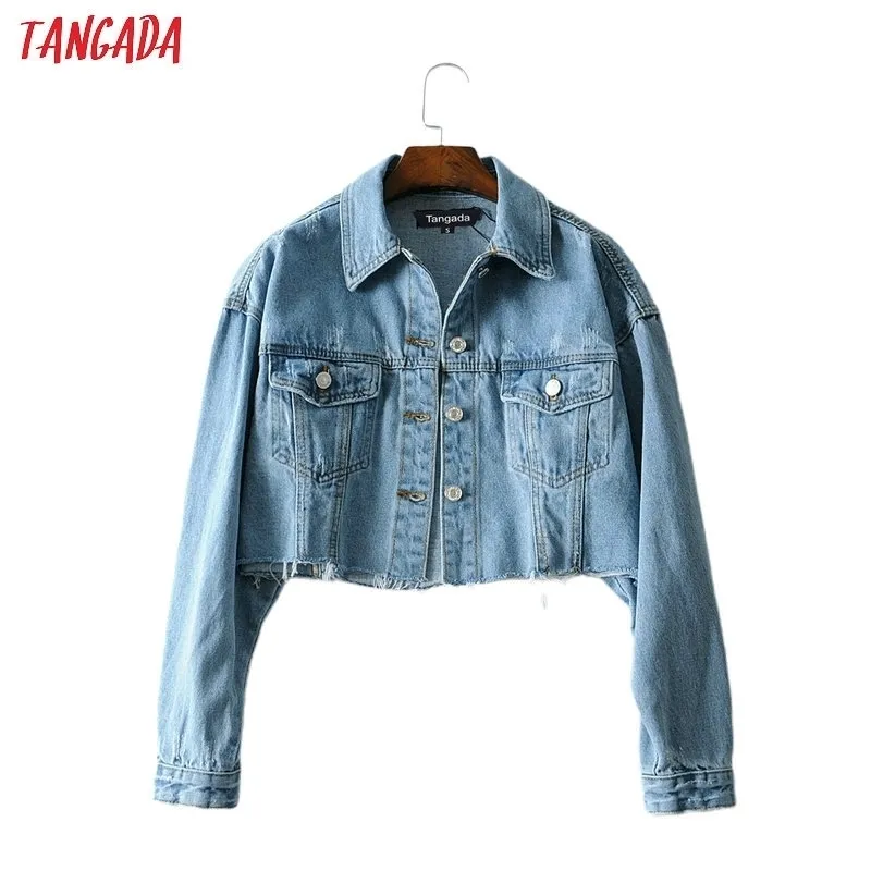 Tangada 패션 여성 블루 데님 청바지 재킷 streetwear 포켓 캐주얼 포켓 코트 숙녀 짧은 스타일 탑스 FN105 201120