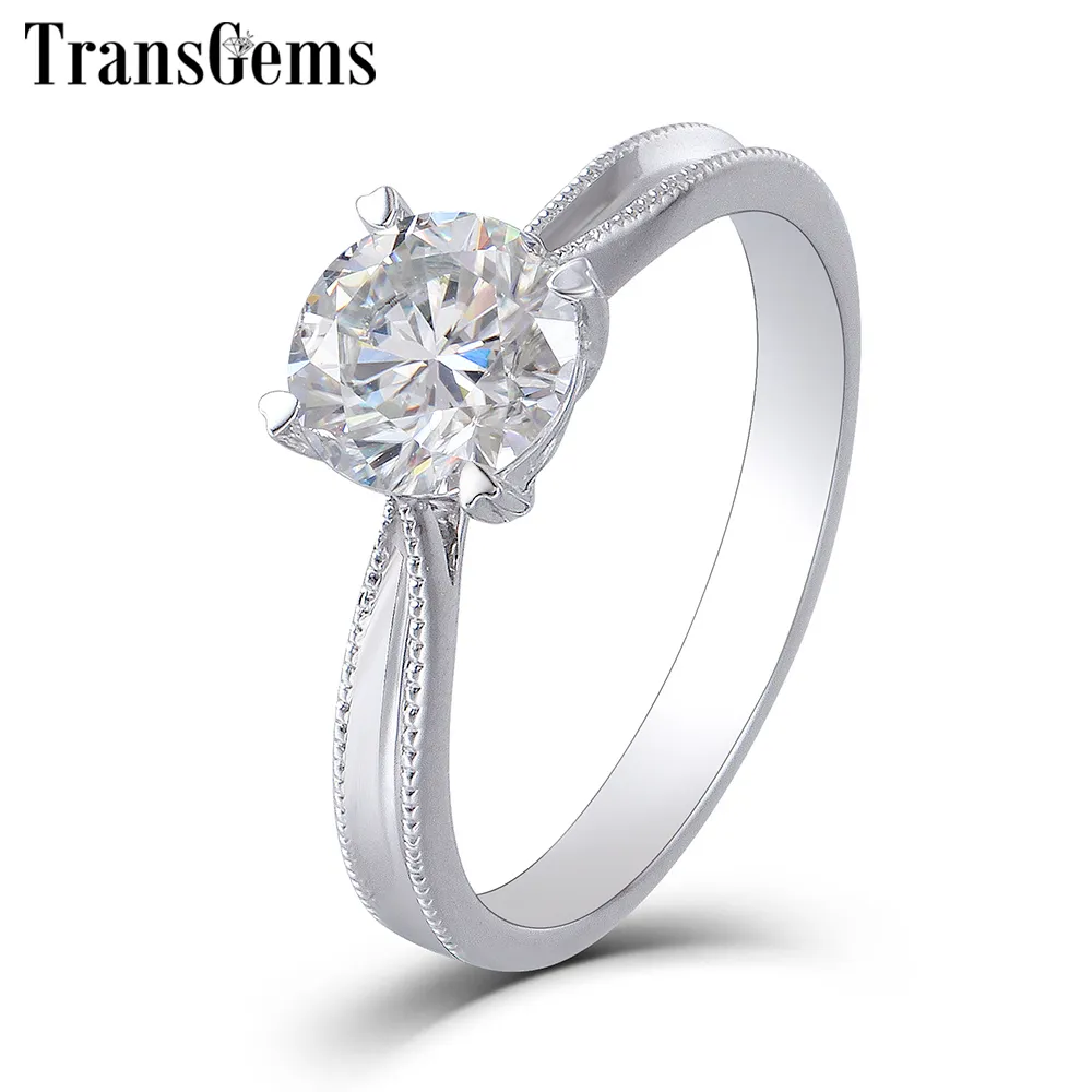 TransGems 1ct Solid 14K 585 White Gold Engagement Ring For Women