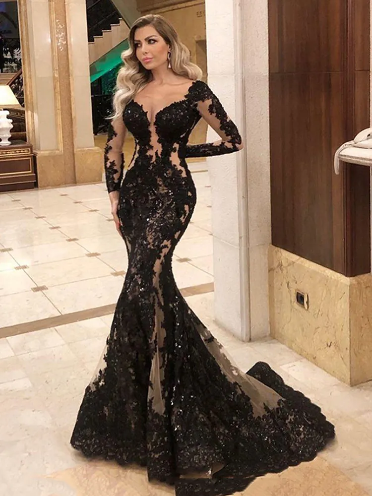 Abiti da spettacolo da sera a sirena nera sexy 2021 Illusion manica lunga in pizzo paillettes applique velata coda di pesce occasione abito da ballo di fine anno