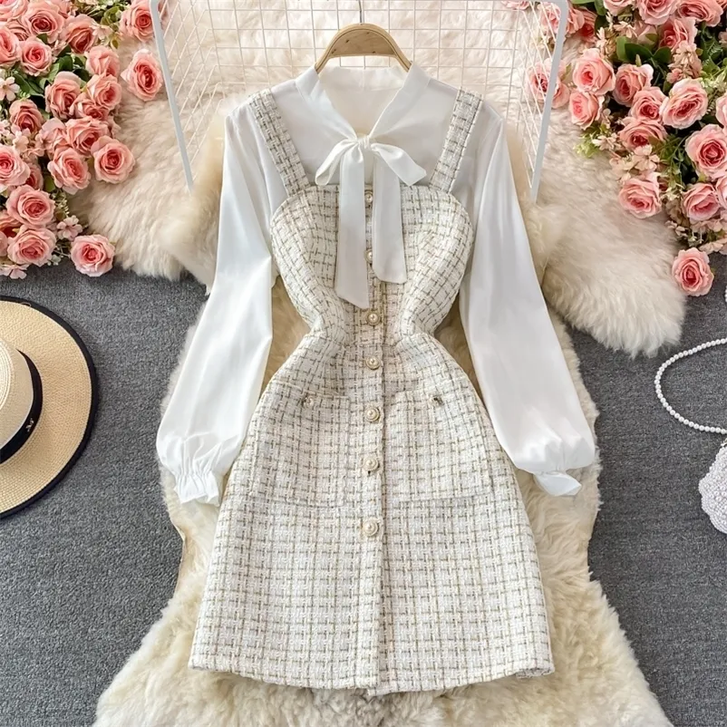 Vrouwen Tweedelige Set Koreaanse Mode Bowtied Collar White Blouse en Spaghetti Strap Single Breasted Mini Tweed Jurk Suits 220216