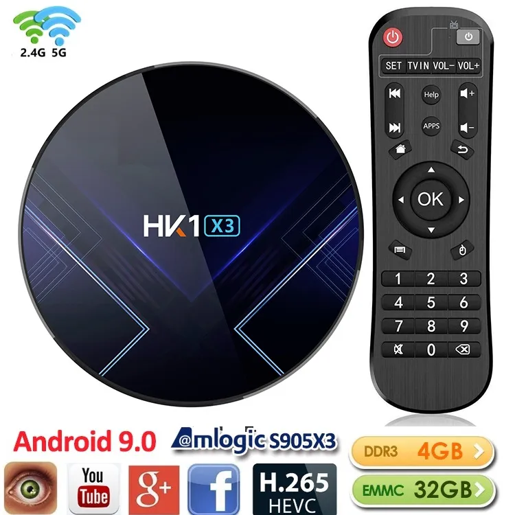 HK1 X3 Android 9.0 Amlogic S905X3 TV BOX 4GB + 32GB double Wifi 2.4G5G BT4.0 boîte de télévision android PK TX6 H96