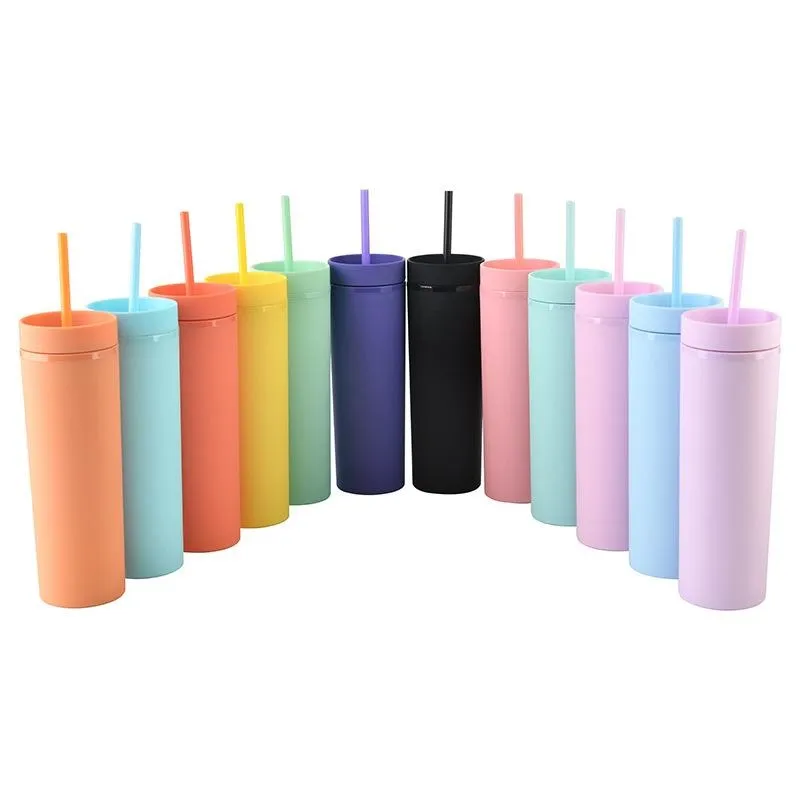 16oz Skinny Tumblers Doble Pared de plástico Matte Pastel Coloreado Tumblers de acrílico con párpados y pajitas tazas flacas multicoloras