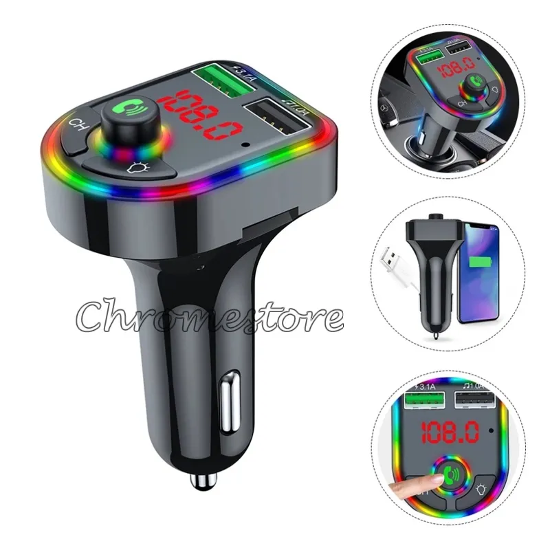 Carro F6 Bluetooth Carregador De Moda Acessórios Adaptador FM Transmissor De Carro Kit Handsfree Radio com Atmosfera RGB Luz Rainbow Dual Ports