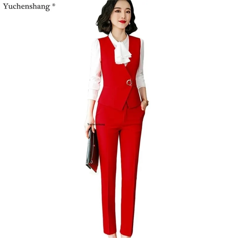 Costume de pantalon élégant femmes rouge slim gilet sans manches blazer et pantalon deux pièces ensemble pour dames de bureau vêtements de travail 200923