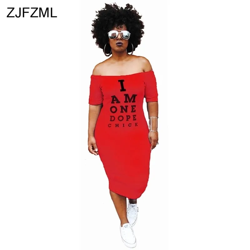 ZJFZML Plus Size Casual Bodycon Dress Mujeres Cold Shoulder Letter Printed Package Hip Dress Autumn Slash Neck Vestido de manga corta Y200418