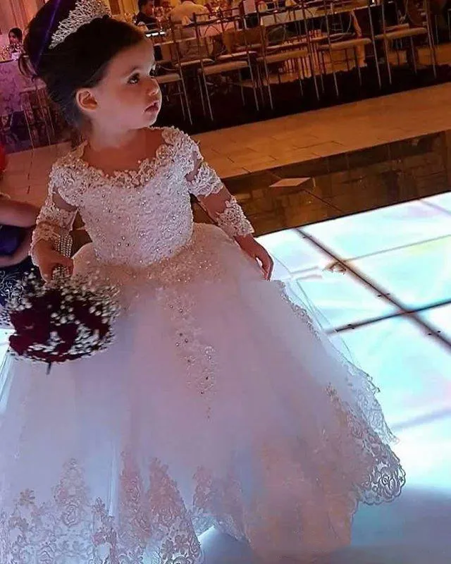 Wedding Long Sleeve Flower Girls' Dresses Crew Neck Lace Applique Communion Dresses Long Floor Tulle Beaded Pageant Party Gowns