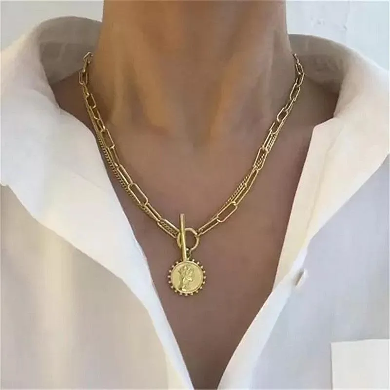 Collier tête de beauté Vintage pour femmes, multi-chaînes, ras de cou, pendentif en pièce de monnaie, bijoux en or à la mode, nouvelle collection