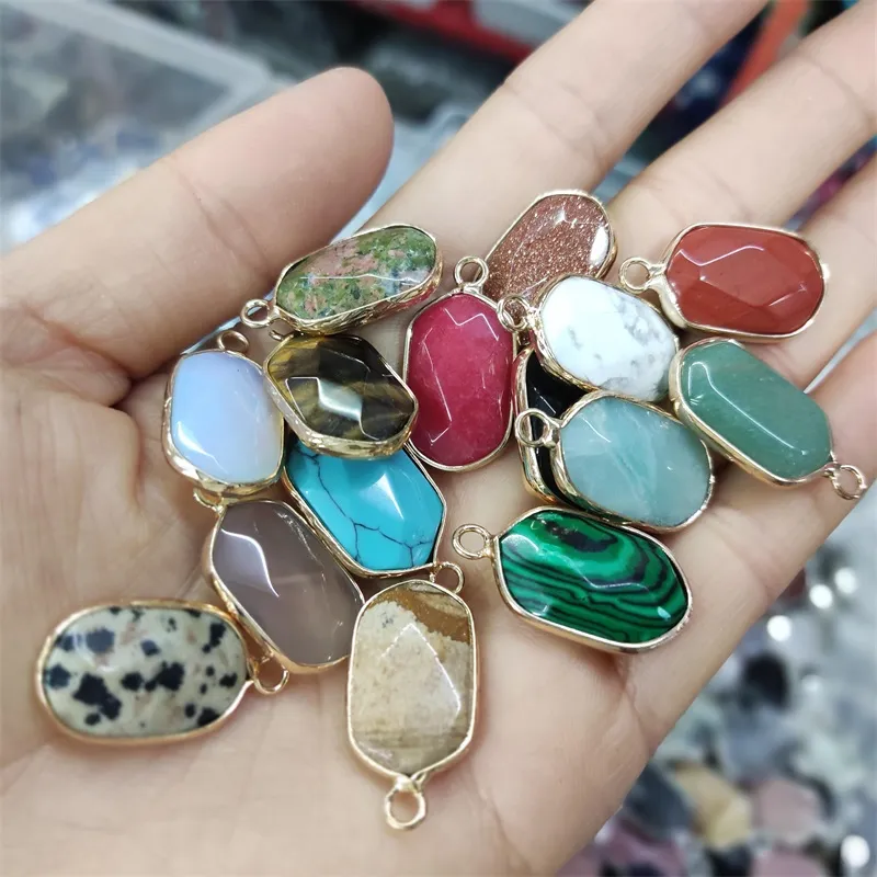 Abalorios de piedra hexagonal ovalada de cristal Natural con borde dorado, colgantes de cuarzo rosa a la moda para la fabricación de joyas al por mayor