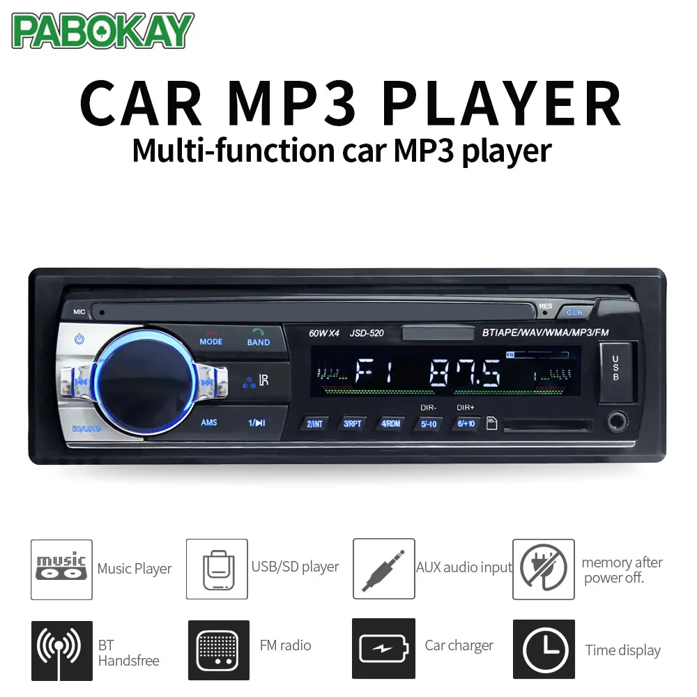 JSD520 ISO 12V Bluetooth Car Stereo In-dash 1 Din FM Aux Input Support Mp3/MP4 USB MMC WMA AUX IN TF Radio Player