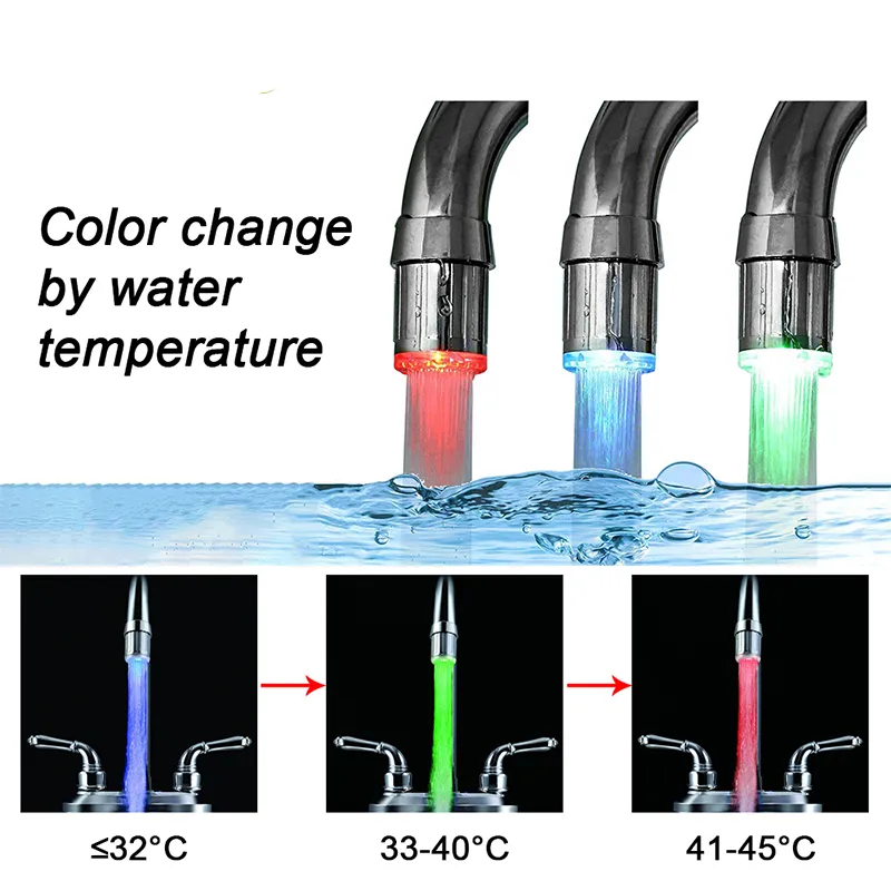 Nouveau LED Robinet Température Contrôle Couleur Atmosphère Lumières Pas De Batterie Matériel Capteur Évier Robinets Lueur Avec Connecteur Salle De Bains Décor CFYL0214