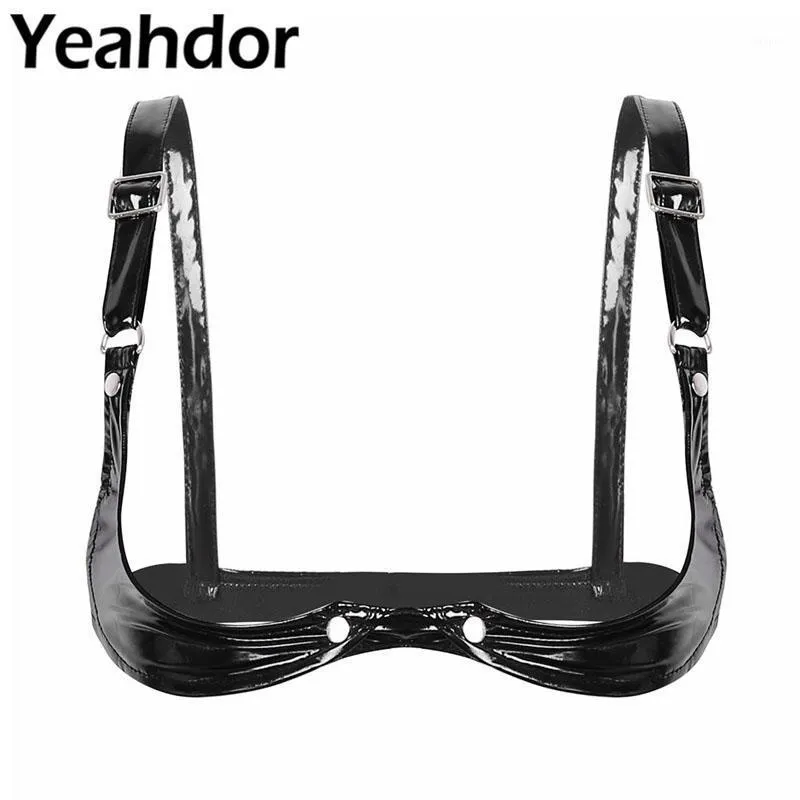 YEAHDOR Womens Shiny Patent Leather Cupless Lingerie Bralette