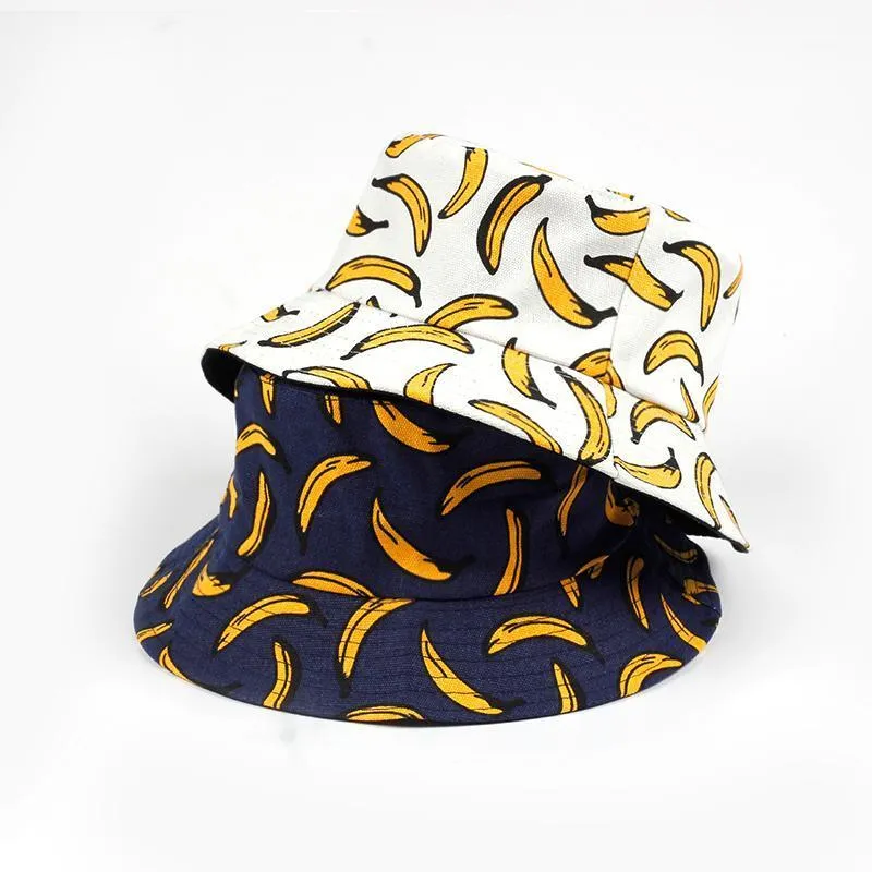Cloches kvinnor casual banan tryck marin hink hatt 2021 sommar män vikbar strand solskyddsmedel bred rim platt topp sol bonnet1