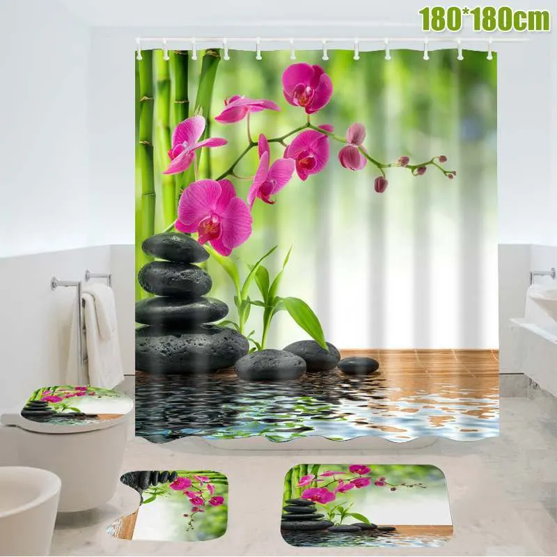 Home 1,8 x 1,8 m Blume 3D wasserdichter Polyester-Duschvorhang für Badezimmer mit 12 Haken, Sockel, Teppich, Deckel, Toilettendeckel, Badematten-Set LJ201130