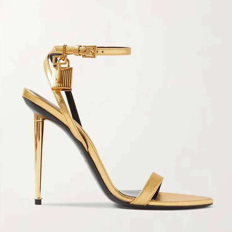 newest TOMFORD metal padlock Narrow word band high-heeled sandals 10.5cm women's leather Luxury Designer high-heeled shoes original box transportation