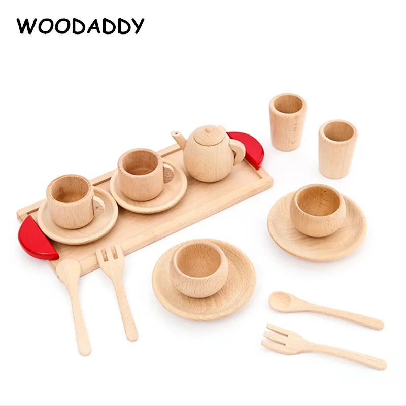 WOODADDY Beech Wood Simulation Tea Set Wooden Toys For Kids Afternoon Tea Spoon Strawberry Pot Tea Tools Educational Gift LJ201009