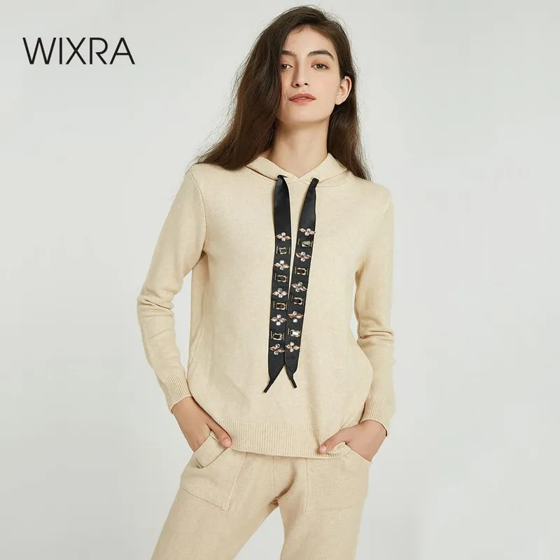 WixRA женский свитер костюмы и набор повседневных топов с капюшоном вязаные длинные брюки одежда гусеницы брюки + перемычки LJ201117