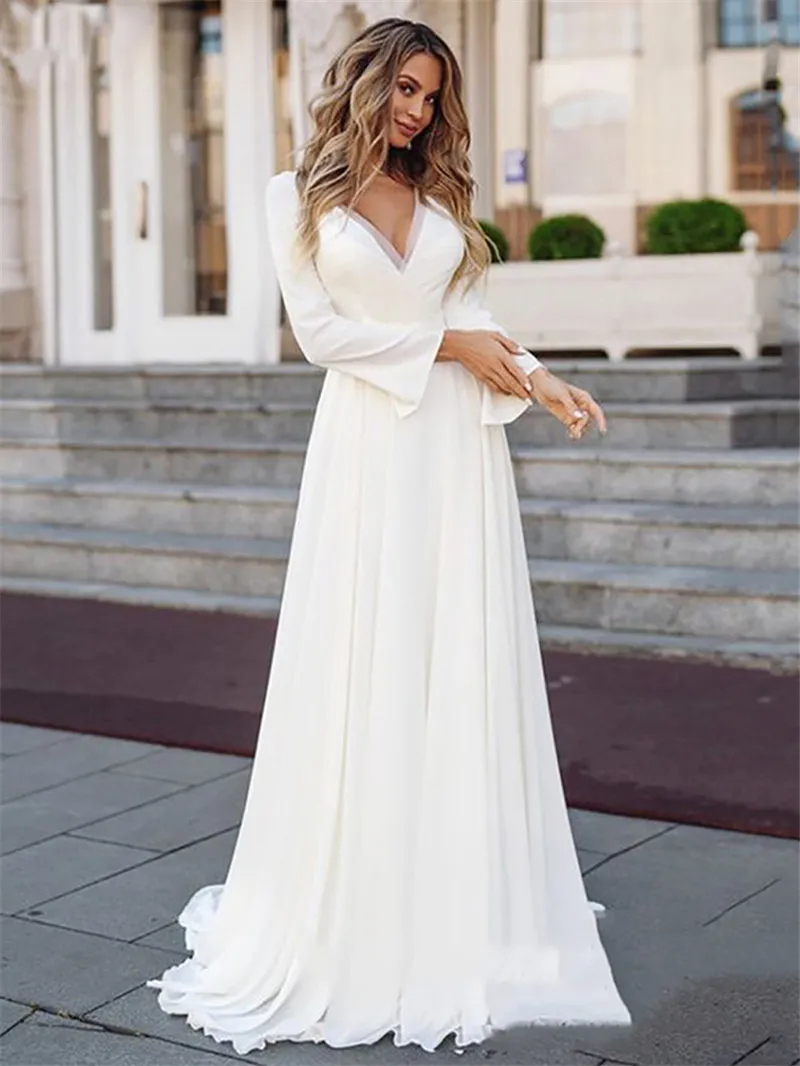 sachin and babi light blue dress Simple Chiffon A-Line Wedding Dress with Puffy Sleeves