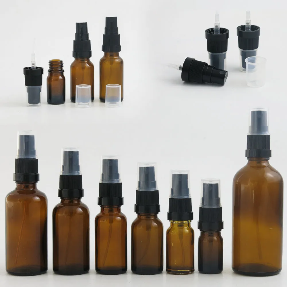 100 ml 50 ml 30 ml 1 oz 20 ml 15 ml 10 ml 5 ml Amber Glas etherische oliefles met mistsprayer parfum geurflessen 10pcs