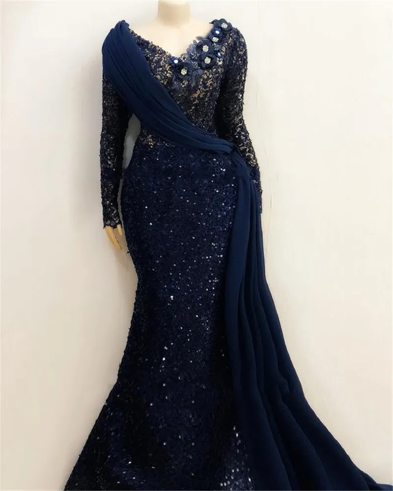 Afrikanska långa ärmar spetsar sjöjungfrun kvällsklänningar 2022 ASO EBI Långärmade pläter Navy Blue Prom-kappor Robe de Soiree