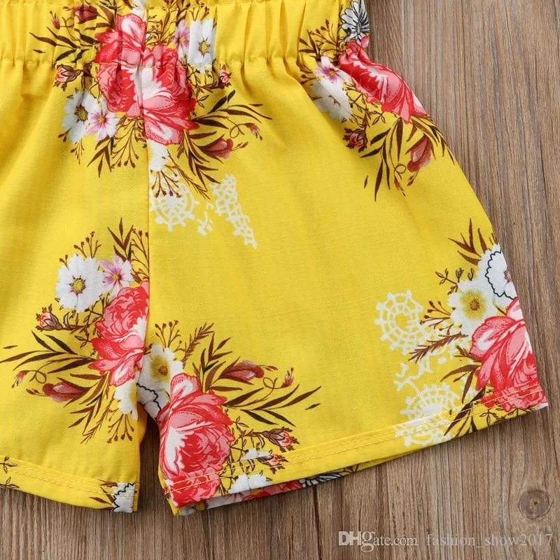 Toddler Baby Girl Clothes Yellow Floral Ruffled Strap Tops Vest Shorts Bottoms Summer Outfits Beach Clothing Set