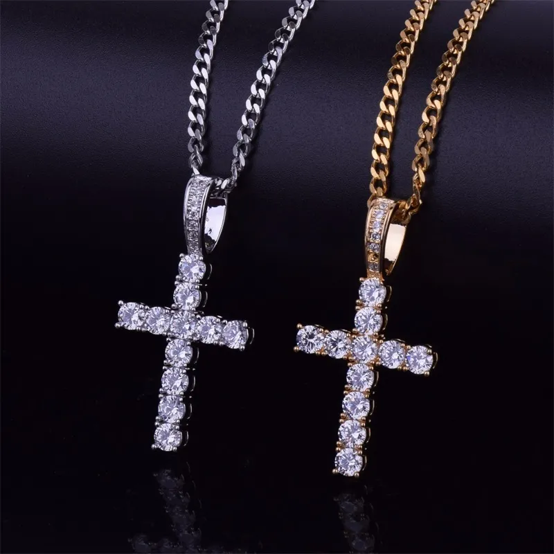 Men Women Gold Silver Copper Material Iced Out Zircon Cross Pendant Necklace Chain Fashion Hip Hop Jewelry 288 J2