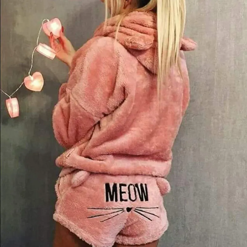 Bayan Kedi Polar Kabarık Sıcak PJS Pijama Pijama Gecelikler Seti Pijama Kıyafet Kapüşonlu Pijama Cosplay Homewear Y200708