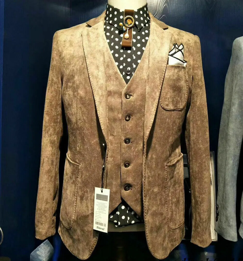 3pieces Blazer Vest Mannen Pakken Suede Bruiloft Bruidang Business Office Tuxedos Prom Party Retro Terno Masculino Jacket Vest Broek