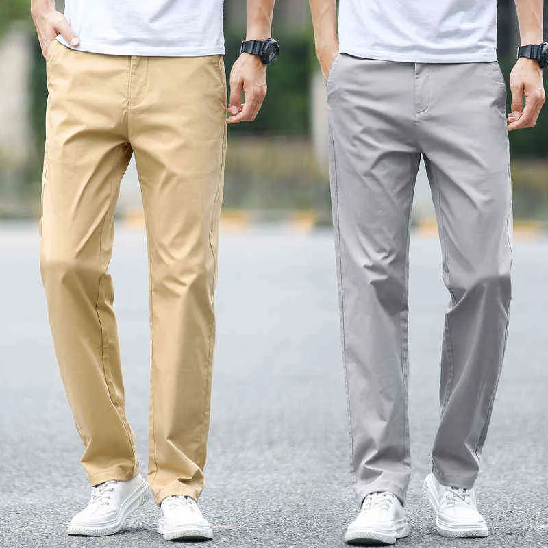 2021 verão novo masculino fino algodão cáqui calças casuais negócios cor sólida estiramento calças marca masculino cinza plus size 40 42 g0104