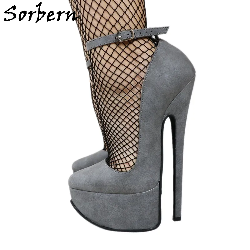 Sorbern Vintage Grey Matt Women Pump Shoes Sexy Ankle Strap Pointy Toes Platform Heels Fetish Shoes Female Big Size 13