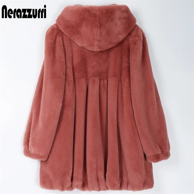Nerazzurri Pleated Light 소프트 가짜 모피 코트 여성 여성용 여성용 후드 스커트 솜털 재킷 201212