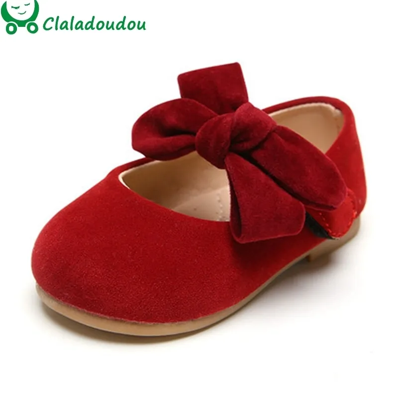 Claladoudou 11.5-15.5cm toddler preto camurça grande bowtie princesa vermelho bebê meninas dança bege sapatos infantis 201201