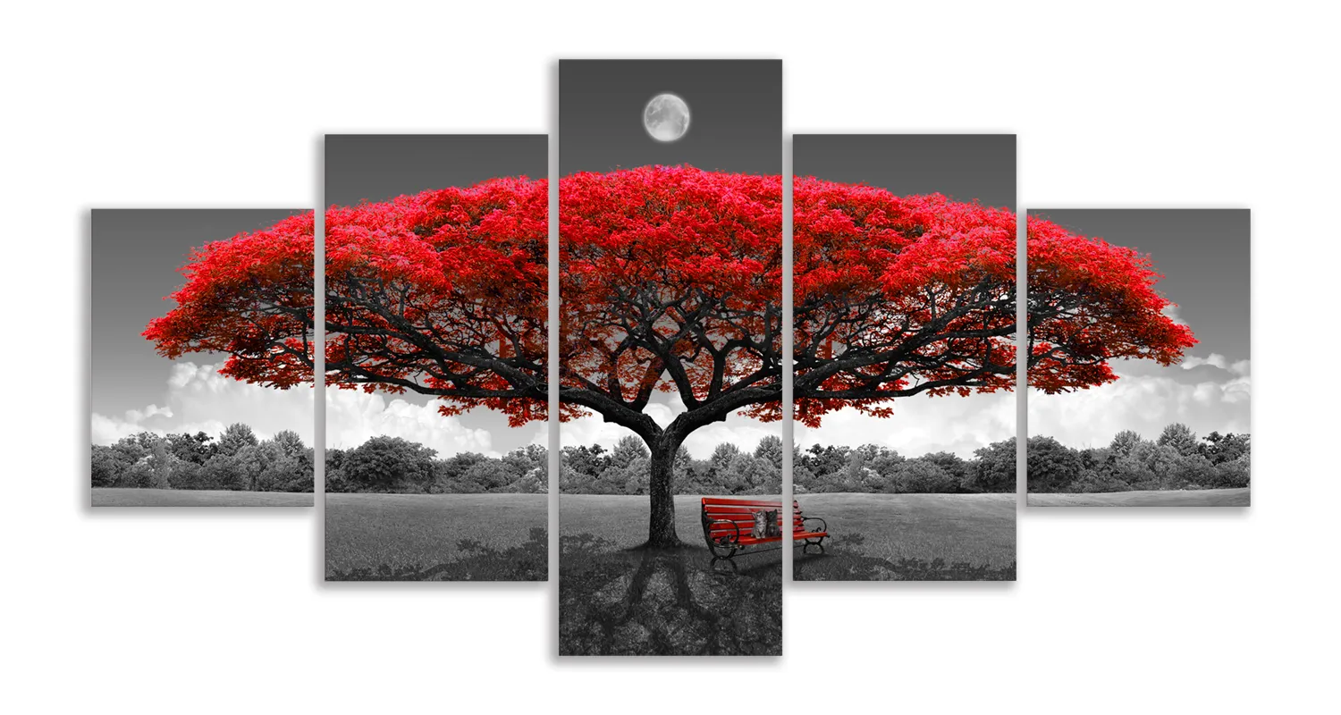 Canvas Wall Art Painting Red Tree met maan zwart -wit landschap foto's voor huisdecor grote kunstwerken voor woonkamer slaapkamer kantoor 5 stuks