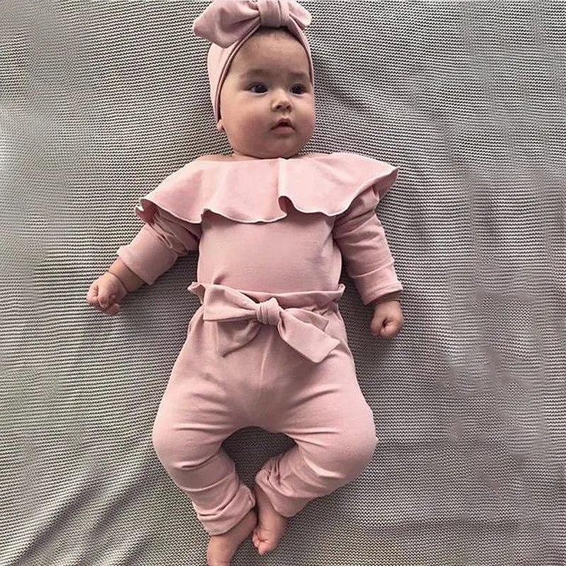 Baby Girl Clothes Set Pasgeboren Zuigeling Frill Solid Romper Bodysuit Bow Pant Outfits Zuigeling Nieuw Born Outfits Kinderkleding 2582 Q2