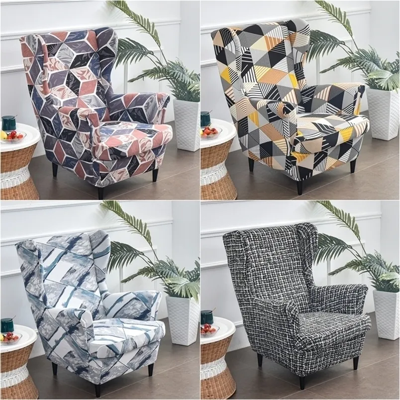 Geometric Printed Wing Chair Cover Stretch Spandex Armchair s Nordic Removable Relax Sofa Slipcovers With Cushion 220302