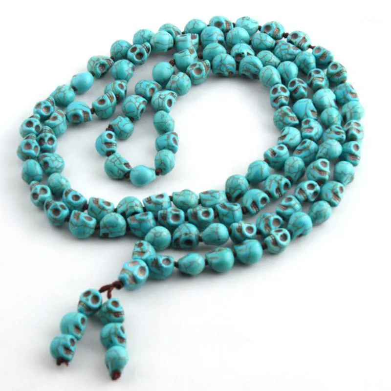 Hängsmycke halsband Bohemian smycken blå lång knuten tibetansk buddhism 108 benskalle huvuden bön pärla mala halsband1