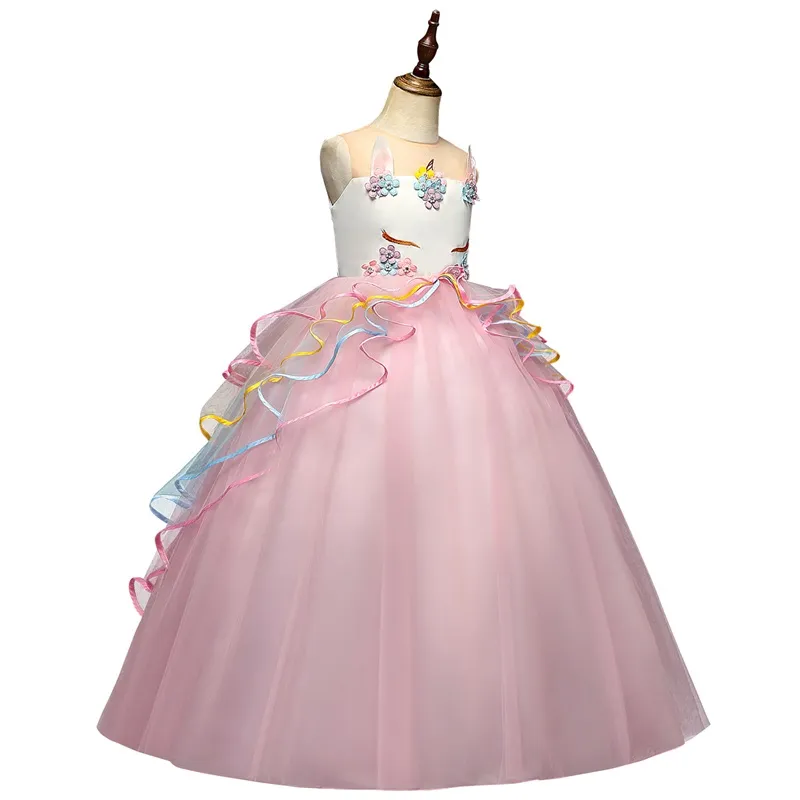 Robe de licorne pour filles fête d'anniversaire vêtements broderie robe de boule de fleur pour enfants robes arc-en-ciel princesse enfants costume 20220225 Q2