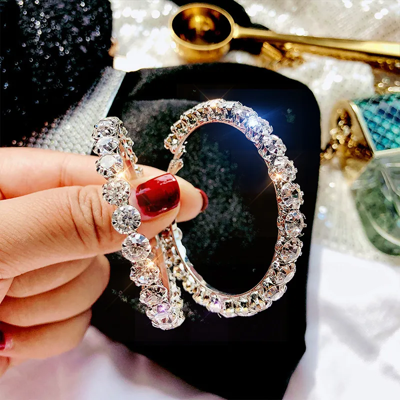 Серьги-кольца из стерлингового серебра 925 пробы 5,5 см, большие круглые блестящие серьги-кольца с кристаллами CZ, серьги-кольца со стразами, рождественский подарок