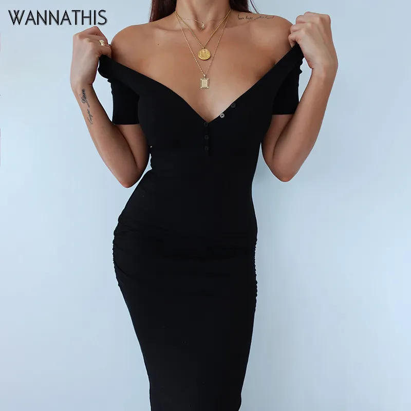 Wannathis tornozelo-comprimento de malha vestido sexy manga curta verão casual elástico elegante v-decote v mulheres vestidos sólidos bodycon y0118