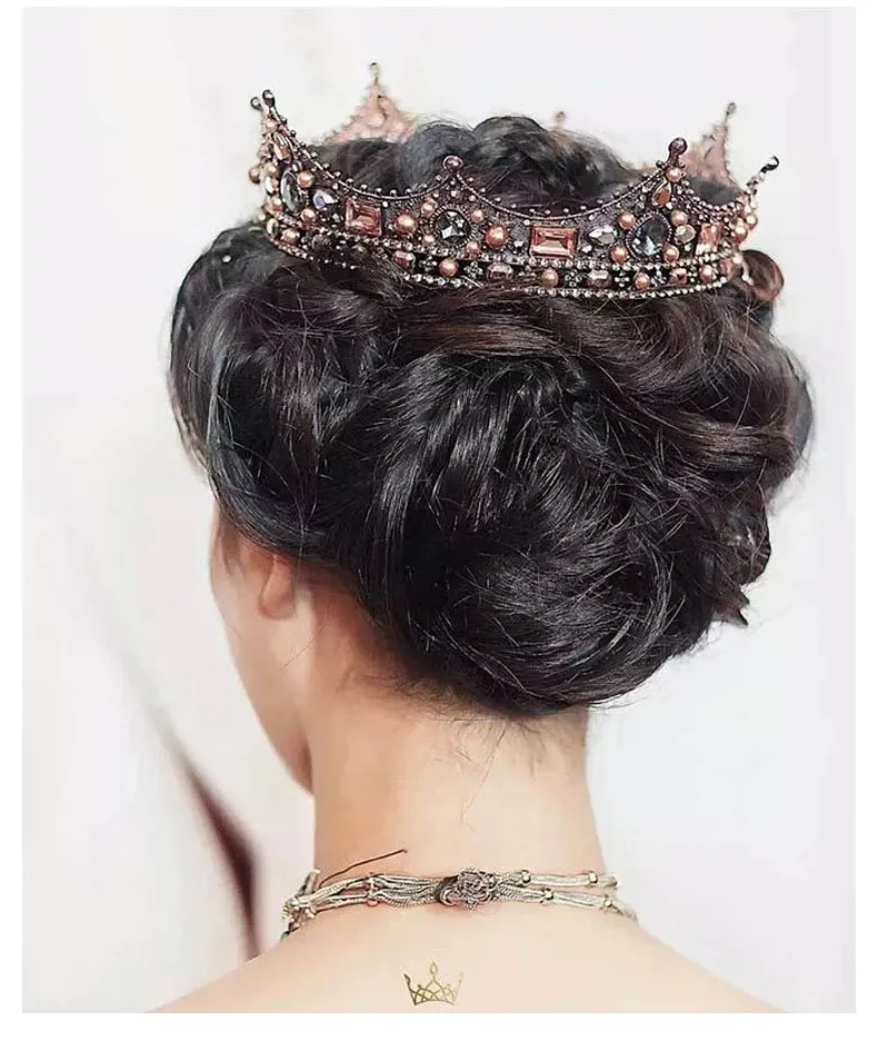 Vintage Barock Luxuriöse Braut Handgemachte Spitze Schleier Haar Tiara Kristall Perle König Königin Krone Zubehör für Hochzeit Braut