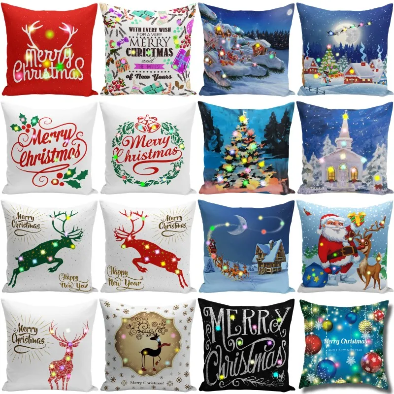 Federa per cuscino natalizia LED 45 * 45 cm Fodera in peluche per divano domestico Federa decorativa per cuscino illuminata creativa