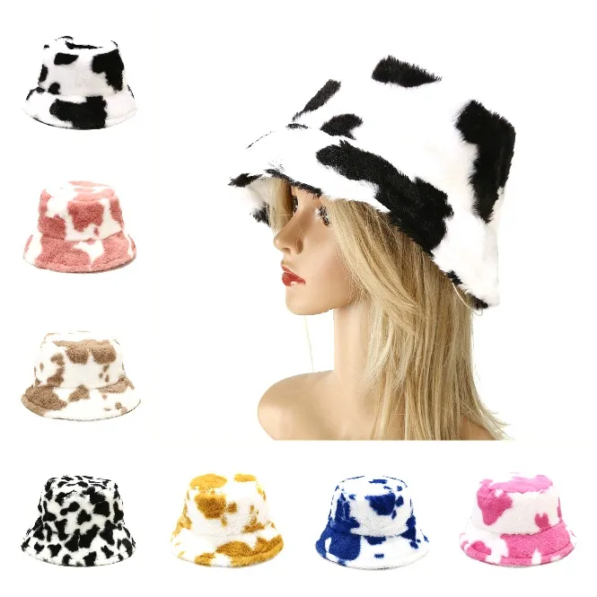 8 stylów czarno-biała krowa wzór rybaka kapelusz turystyka na świeżym powietrzu ciepły pluszowy kapelusz żeński drukarskie czapki do basenu