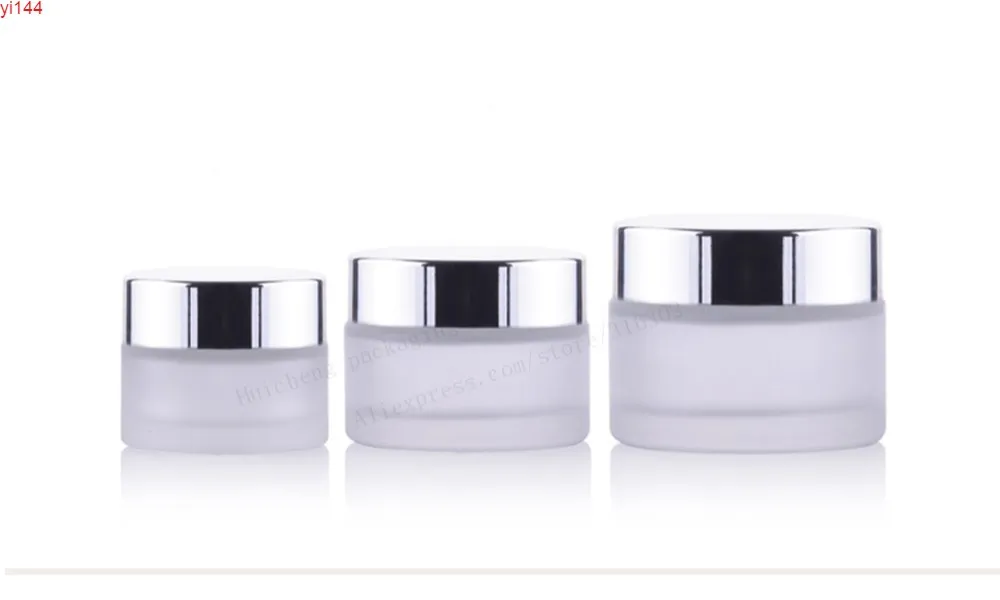 20 x Ny frostglas Make Up Cream Jar Pot Containrar med UV-lysande Silver Cap och White Pad 15g 30g 50GGOOD QUALTITY