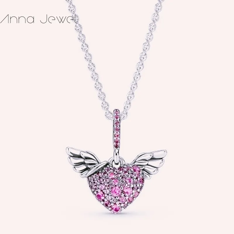 Authentische Schmuck-Halskette Designer Pandora Valentine Pave Heart Angel Wings 925 Sterling Silber Designer-Halskette für Frauen Anhängerset Geburtstagsgeschenke 398505C02