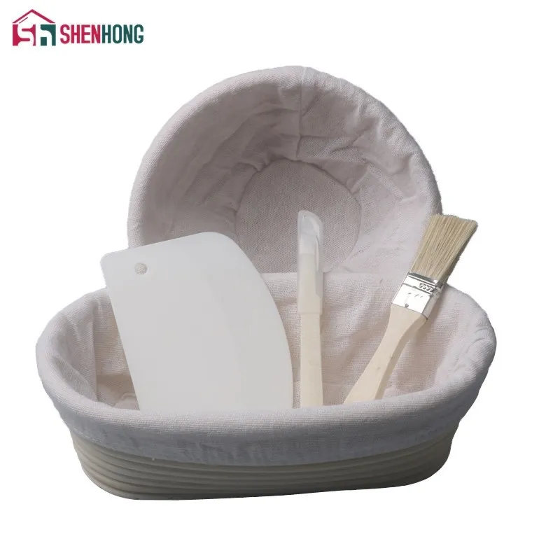 SHENHONG 5PCS Banneton Fermentation Proofing Rotin Panier Pâte Pain avec Arc Courbe Couteau Grattoir Brosse Danois Fouet Lin Y200612