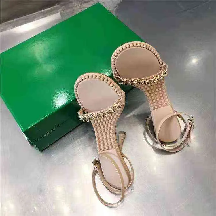 massage fingerboard sandals women wear 2022 new chain small golden ball one-sided belt high heels