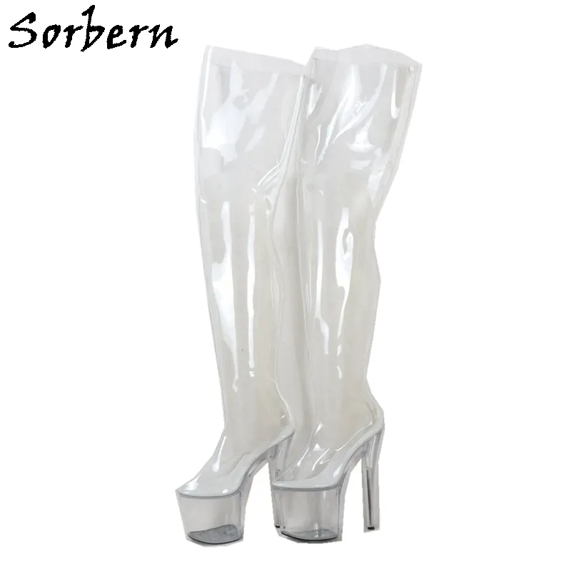 Sorbern Transparente Overknee-Stiefel für Damen, mittelhoher Oberschenkel, Reißverschluss, PVC-Plexiglas-Absätze, 20 cm