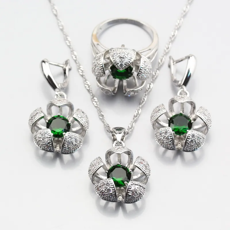 Earrings & Necklace Selling Three-Dimensional Silver Color Green Created Emerald Flower Jewelry Sets For Women Ring 6/7/8/9/10 JS390