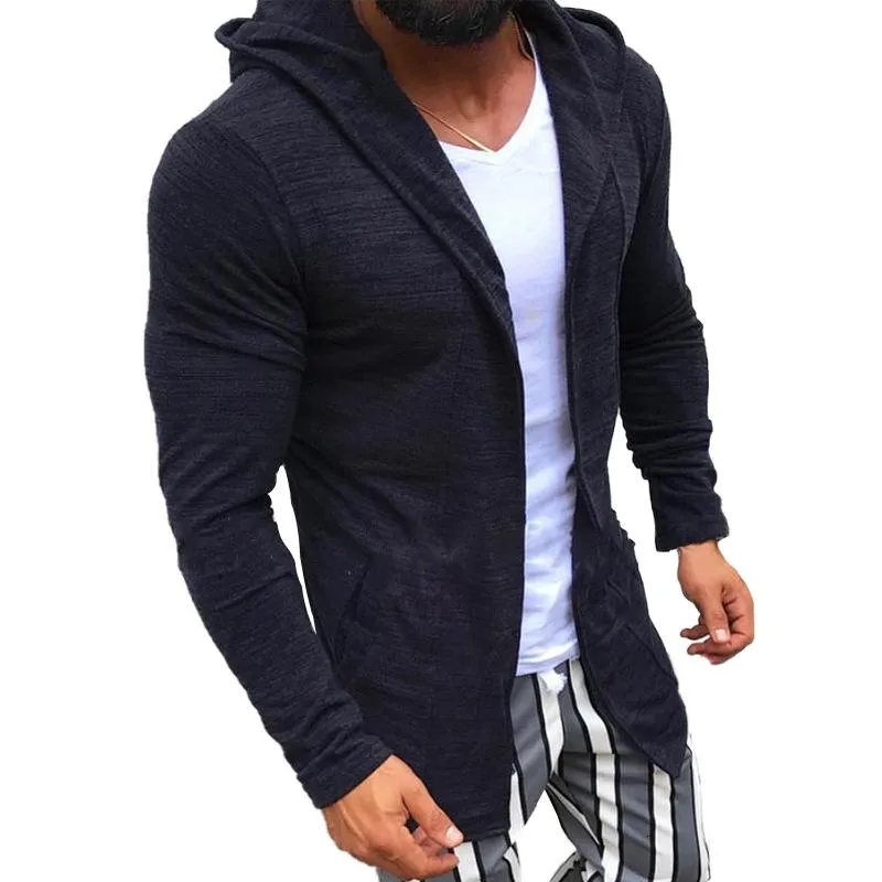 Mäns Tröjor 2021 Mens High Street Long Cardigan Slim Fit Hooded Cardigans Solid Färg Strikkad Ytterkläder Tröja